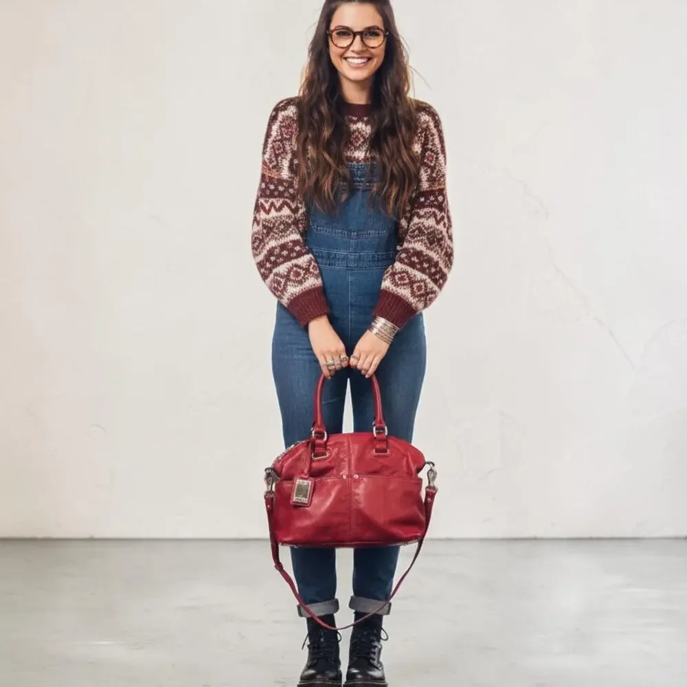 Tignanello Red Genuine Leather Satchel Shoulder Bag Crossbody Purse Pockets